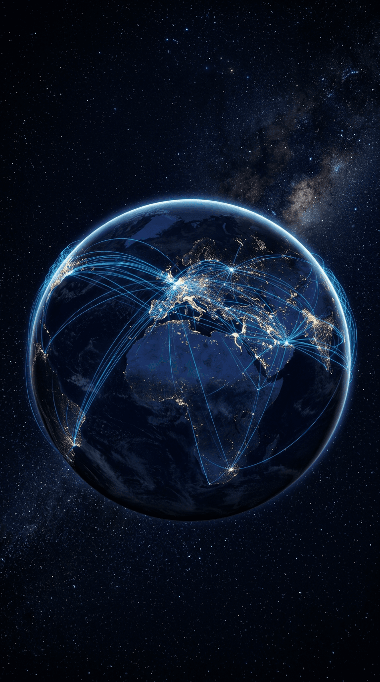 Planeta Terra à noite visto do espaço, com cidades conectadas por linhas de luz azul