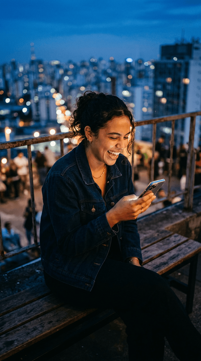 Mulher sorrindo enquanto usa o celular em um terraço com a cidade iluminada ao fundo